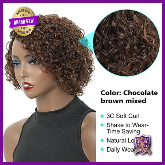 Short Curly Human Hair Wig with Bangs Glueless Cap Adjustable